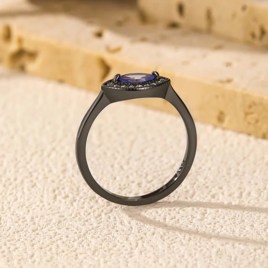 Black Evil Eye Ring 925 Sterling Silver with Dazzling Blue Zircon