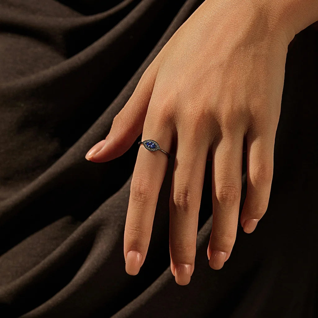 Black Evil Eye Ring 925 Sterling Silver with Dazzling Blue Zircon
