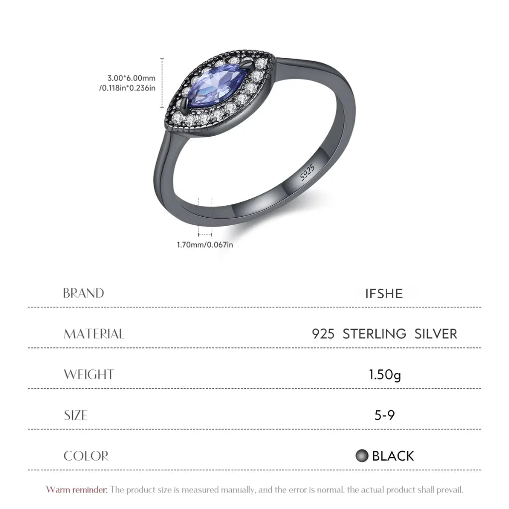 Black Evil Eye Ring 925 Sterling Silver with Dazzling Blue Zircon