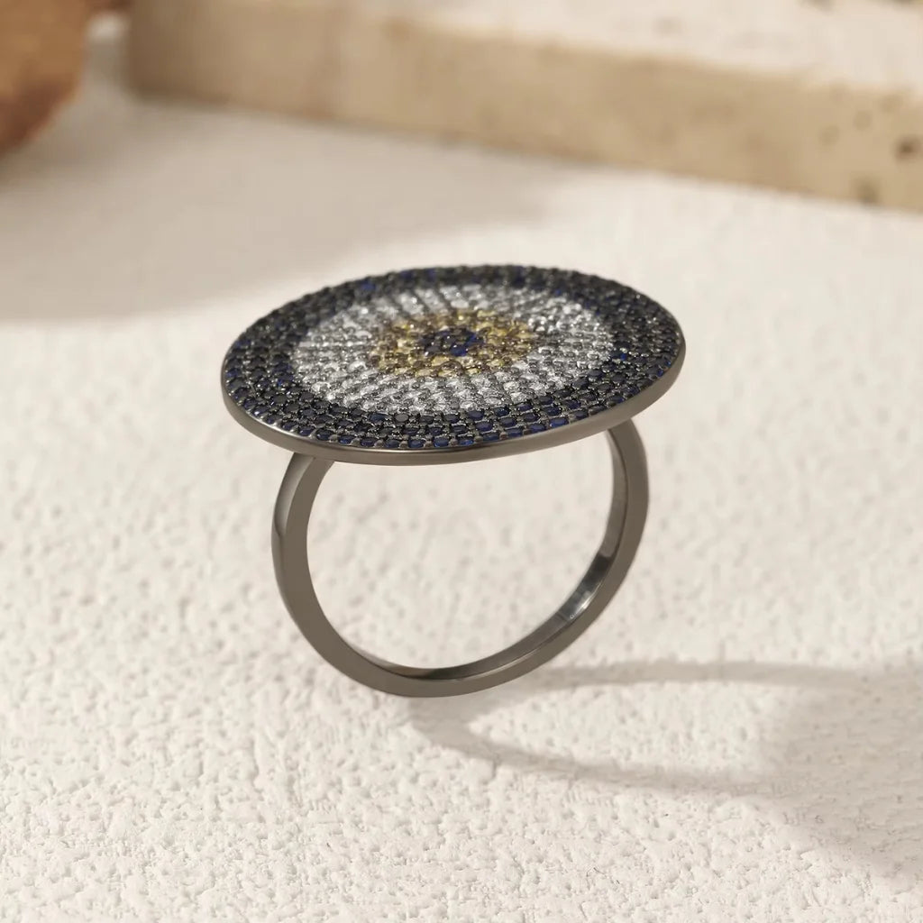 Black Evil Eye Ring - Luxurious Zirconia & Sterling Silver Round Finger Ring for Women