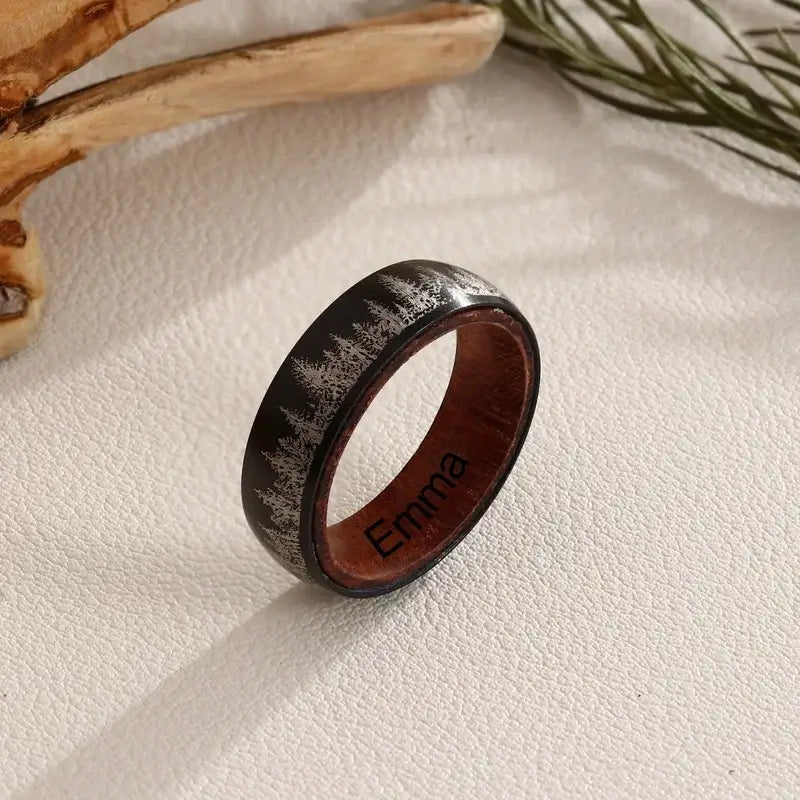 Black Forest Tree Couple Rings | Wood Matching Rings for Couples | Engraved Matching Couple Rings