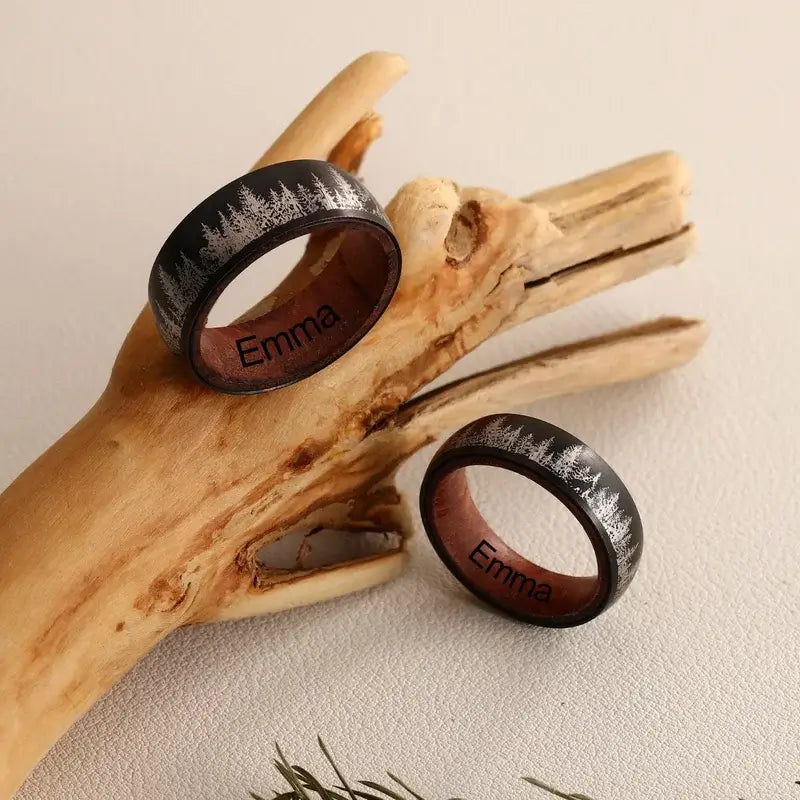 Black Forest Tree Couple Rings | Wood Matching Rings for Couples | Engraved Matching Couple Rings