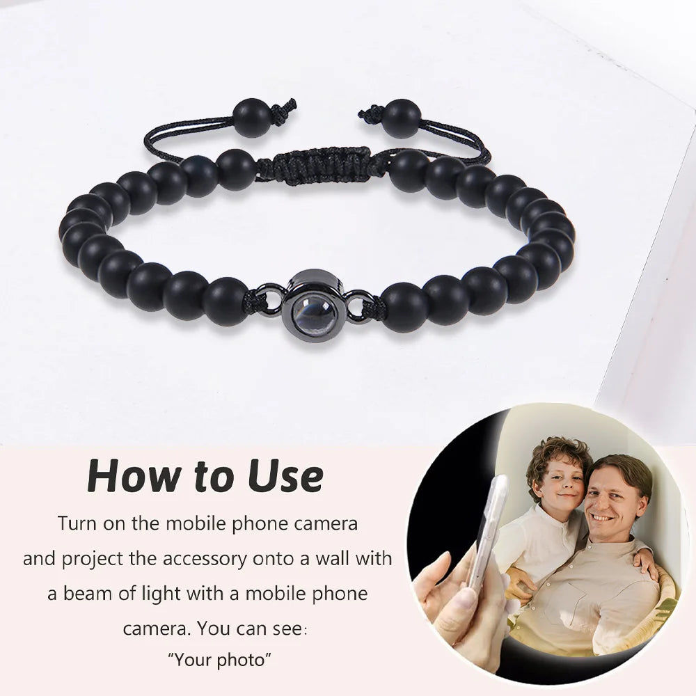 Black Frosted Stone Photo Bracelet, Beaded Bracelet with Picture Inside, Photo Projection Beaded Bracelet for Women or Men