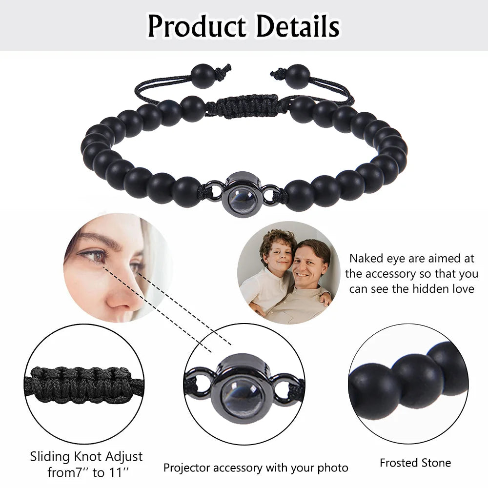 Black Frosted Stone Photo Bracelet, Beaded Bracelet with Picture Inside, Photo Projection Beaded Bracelet for Women or Men