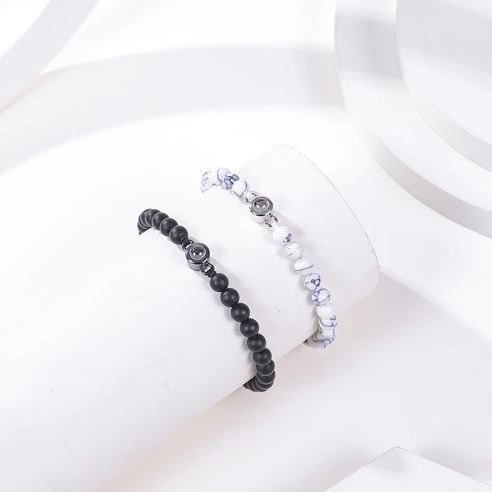 Black Frosted Stone Photo Bracelet, Beaded Bracelet with Picture Inside, Photo Projection Beaded Bracelet for Women or Men