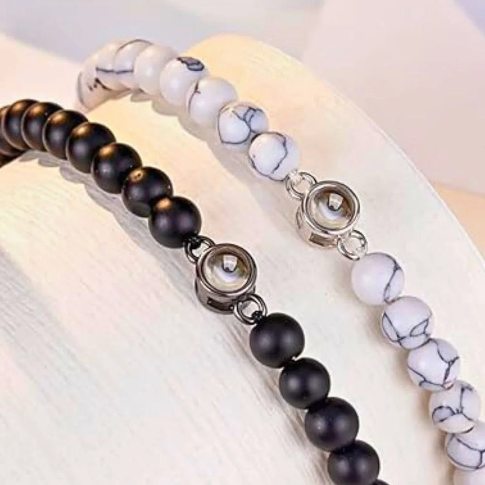 Black Frosted Stone Photo Bracelet, Beaded Bracelet with Picture Inside, Photo Projection Beaded Bracelet for Women or Men