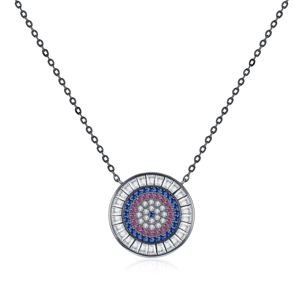 Black Round Evil Eye Pendant Necklace in 925 Sterling Silver