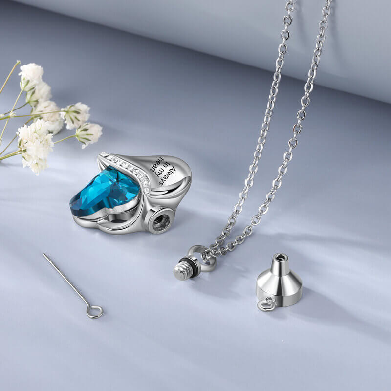 Blue Heart Ashes Necklace with Engraving