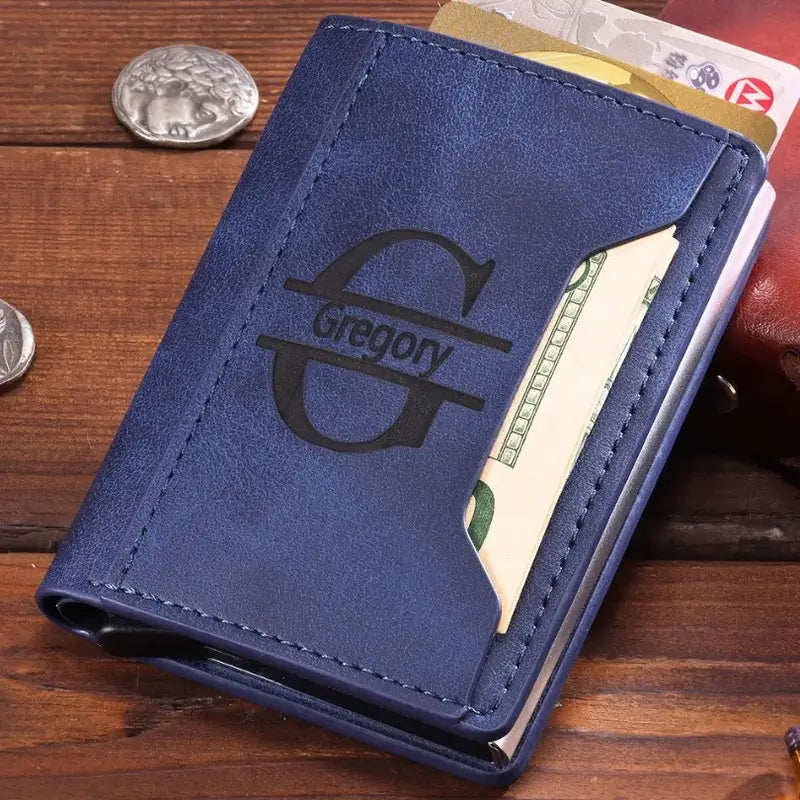Blue Leather Men's Personalised Wallet with Engraving