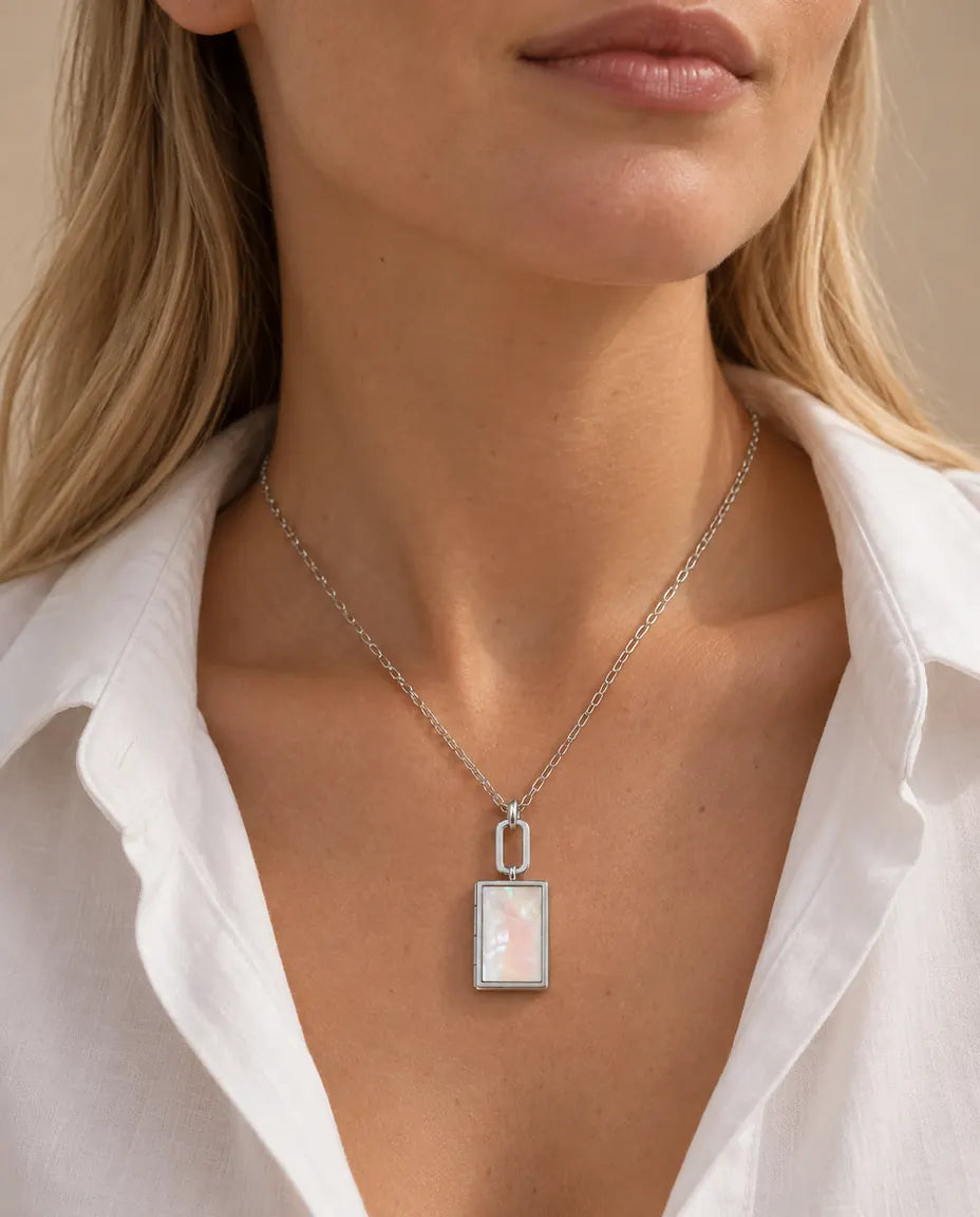 Personalised Book Photo Locket Necklace That Holds 2 Pictures worn on a model
