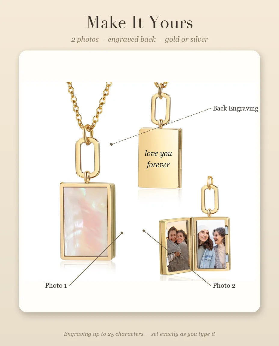 Personalisation guide showing Photo 1, Photo 2 and the back engraving