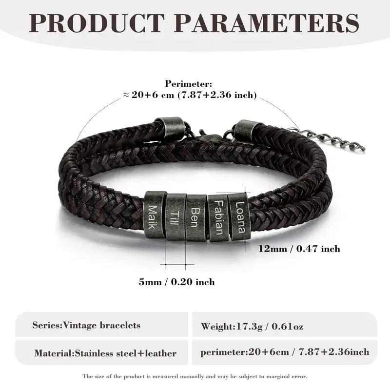 Braided Leather Men's Personalised Bracelet | Men's Name Bracelet | Men's Engraved Bracelet