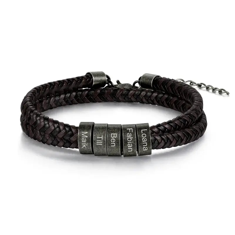 Braided Leather Men's Personalised Bracelet | Men's Name Bracelet | Men's Engraved Bracelet