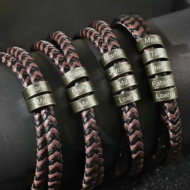 Braided Leather Men's Personalised Bracelet | Men's Name Bracelet | Men's Engraved Bracelet