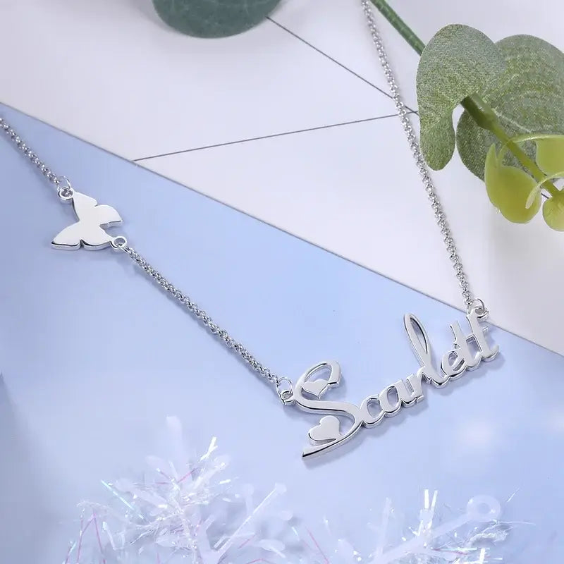 Butterfly Charm Name Necklace for Women, Sterling Silver Name Necklace Gold/Silver/Rose Gold, Custom Name Necklace with Heart