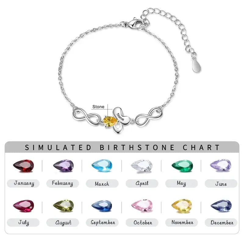 Butterfly & Infinity Charm Personalised Birthstone Bracelet | Engraved Name Bracelet | Up to 6 Birthstone and Names