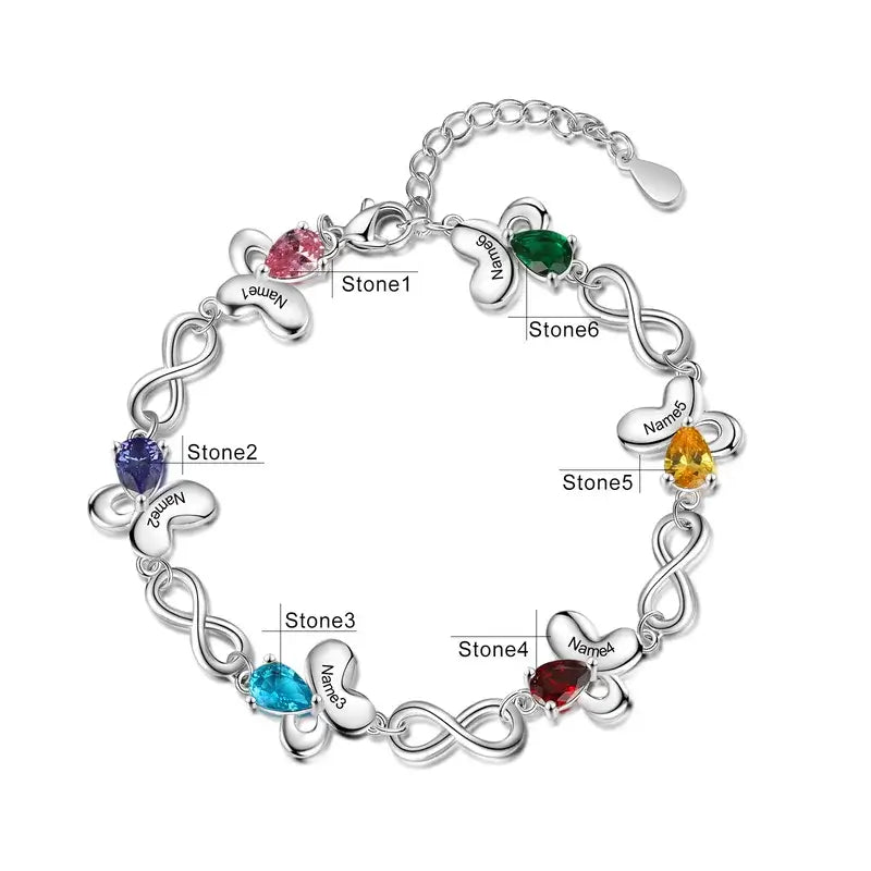 Butterfly & Infinity Charm Personalised Birthstone Bracelet | Engraved Name Bracelet | Up to 6 Birthstone and Names