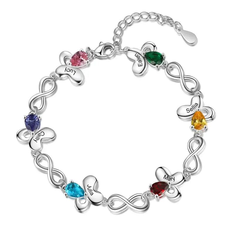 Butterfly & Infinity Charm Personalised Birthstone Bracelet | Engraved Name Bracelet | Up to 6 Birthstone and Names