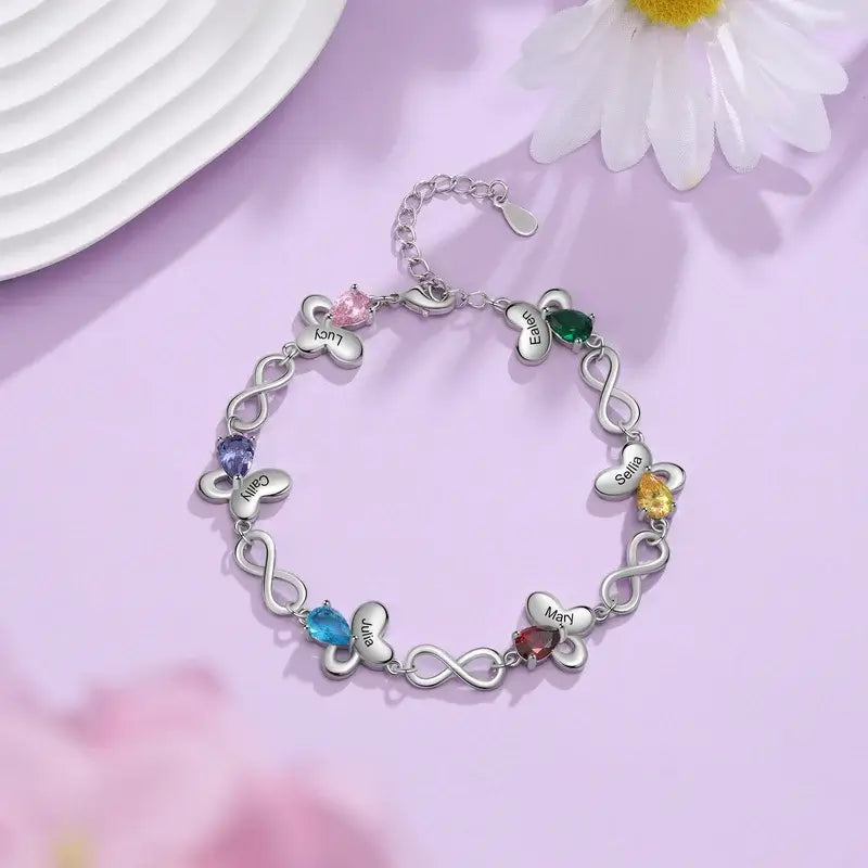 Butterfly & Infinity Charm Personalised Birthstone Bracelet | Engraved Name Bracelet | Up to 6 Birthstone and Names