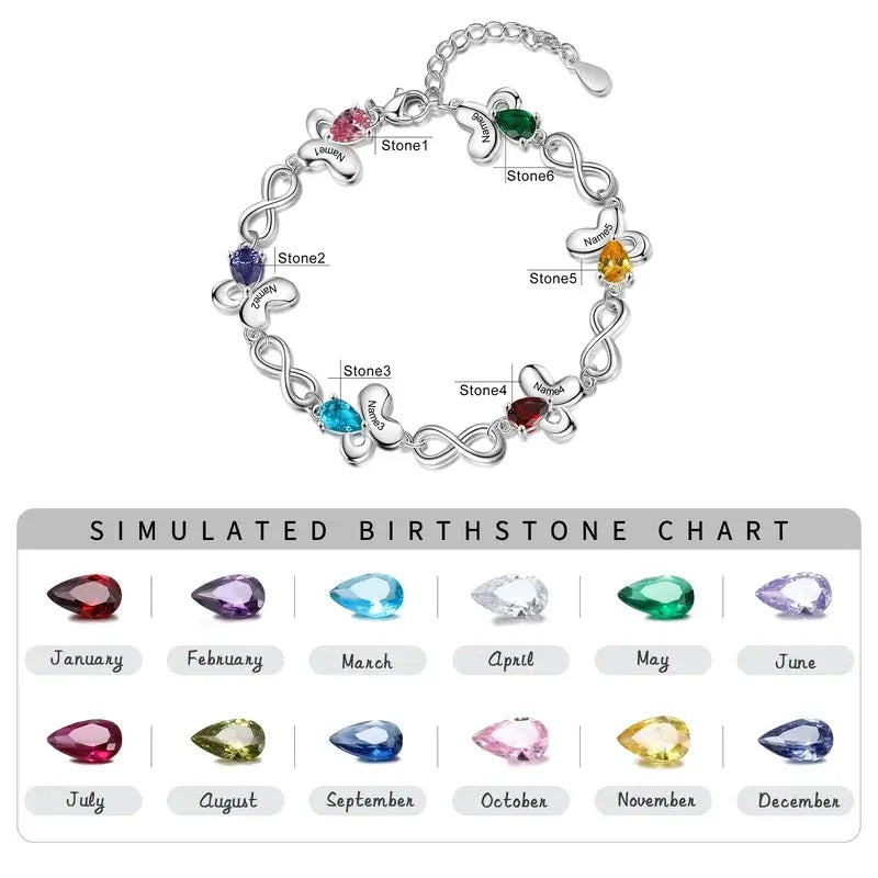 Butterfly & Infinity Charm Personalised Birthstone Bracelet | Engraved Name Bracelet | Up to 6 Birthstone and Names