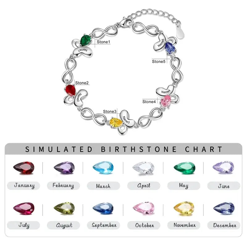 Butterfly & Infinity Charm Personalised Birthstone Bracelet | Engraved Name Bracelet | Up to 6 Birthstone and Names