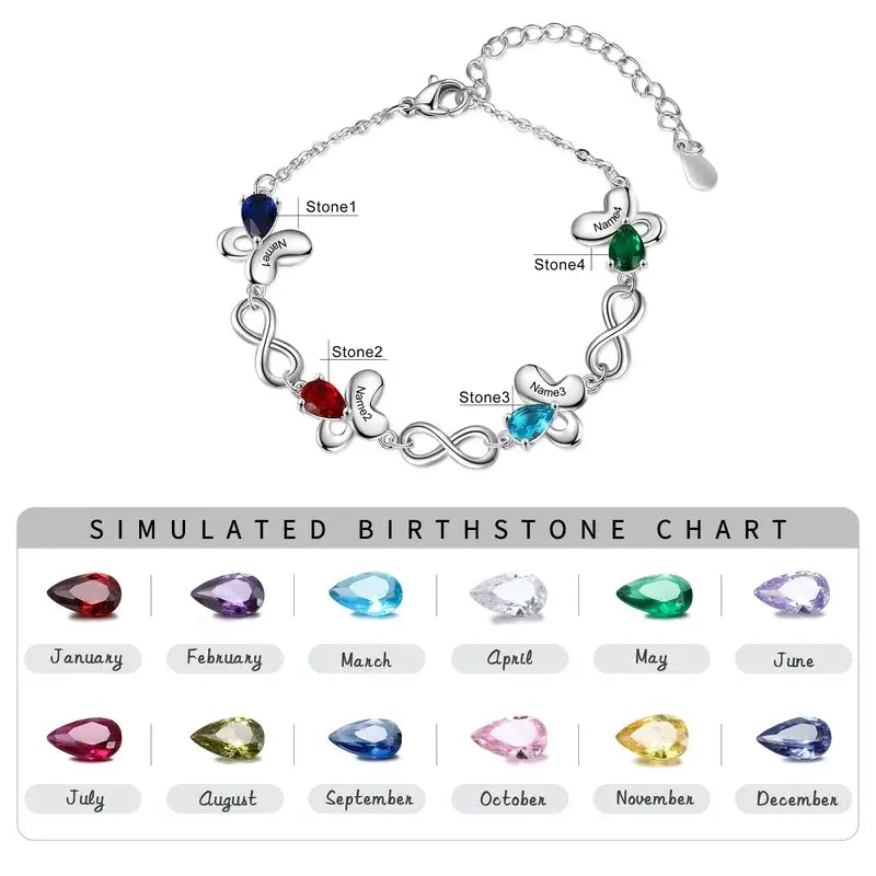 Butterfly & Infinity Charm Personalised Birthstone Bracelet | Engraved Name Bracelet | Up to 6 Birthstone and Names