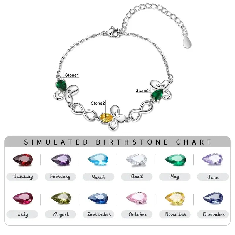 Butterfly & Infinity Charm Personalised Birthstone Bracelet | Engraved Name Bracelet | Up to 6 Birthstone and Names