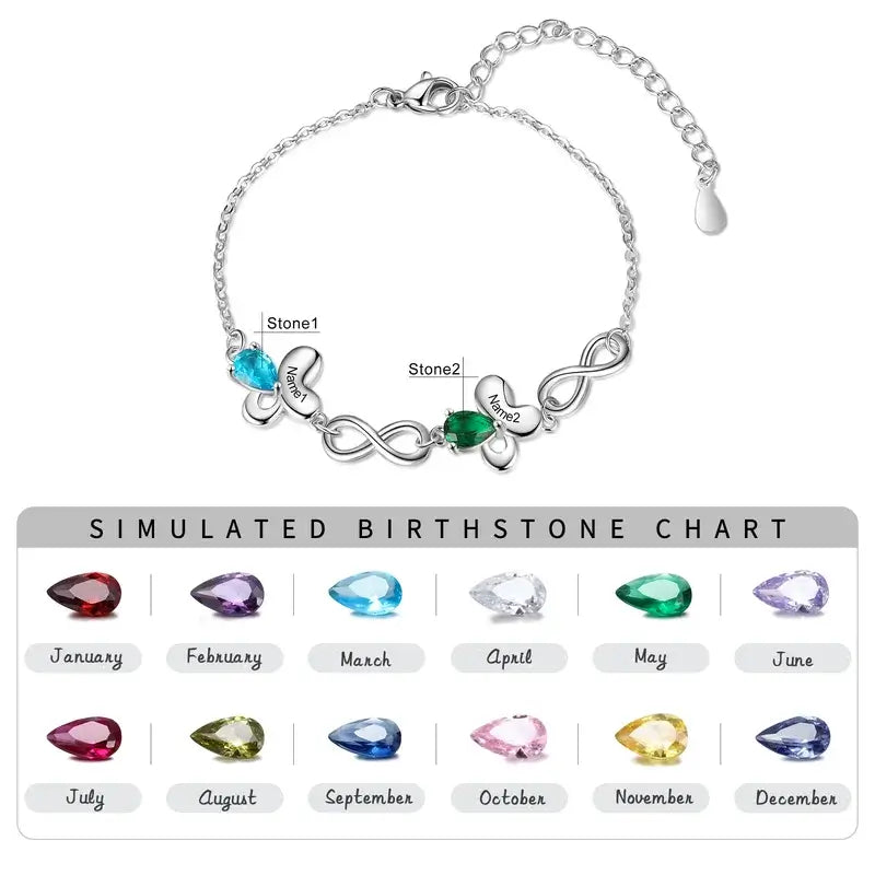 Butterfly & Infinity Charm Personalised Birthstone Bracelet | Engraved Name Bracelet | Up to 6 Birthstone and Names