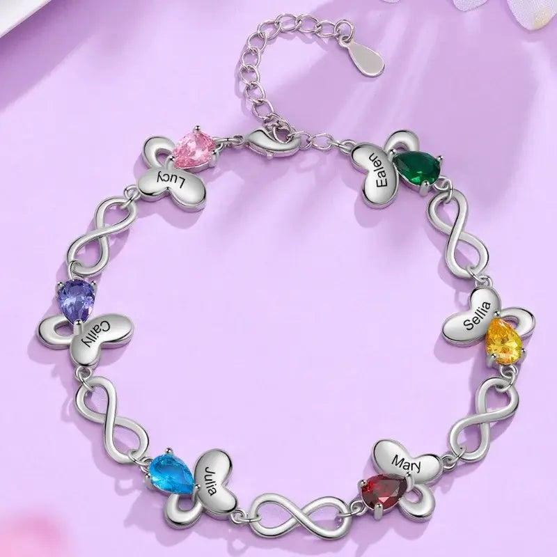 Butterfly & Infinity Charm Personalised Birthstone Bracelet | Engraved Name Bracelet | Up to 6 Birthstone and Names