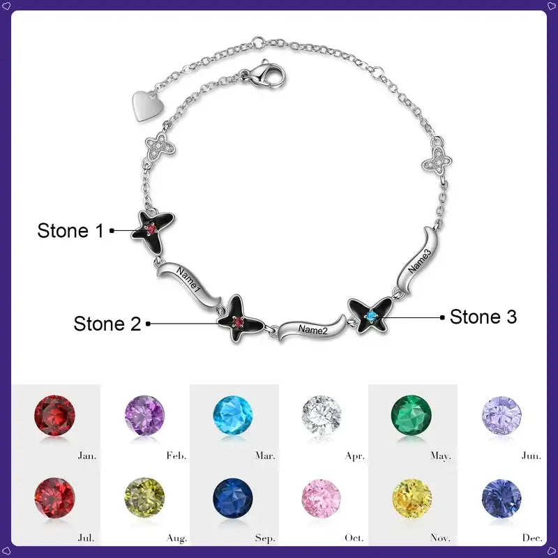 Butterfly Pendant Personalised Birthstone Bracelet with Engraved Name