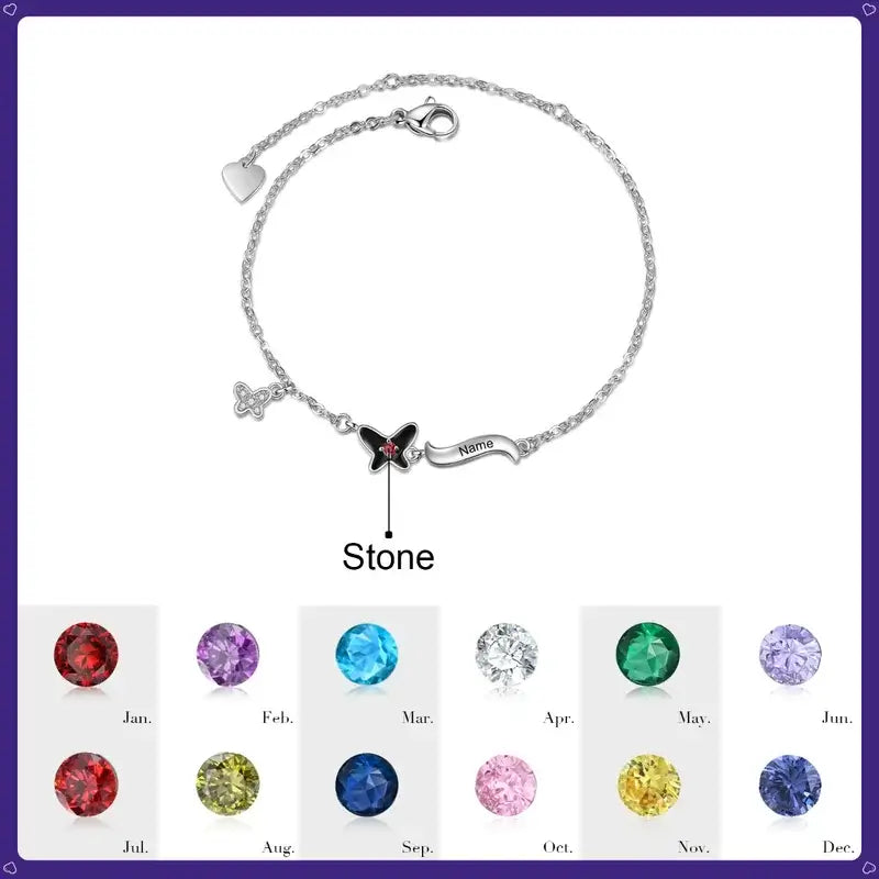 Butterfly Pendant Personalised Birthstone Bracelet with Engraved Name