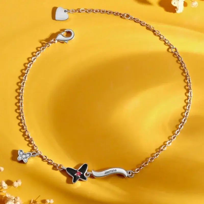 Butterfly Pendant Personalised Birthstone Bracelet with Engraved Name