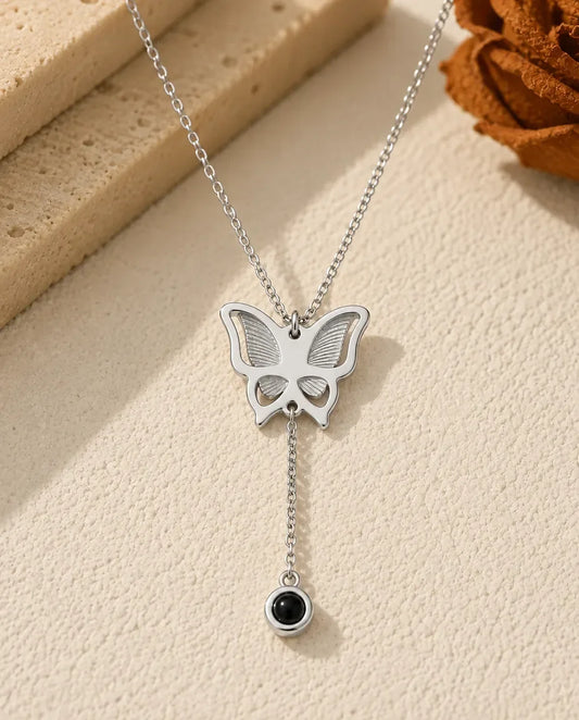 Personalised Butterfly Photo Projection Necklace - front view in silver