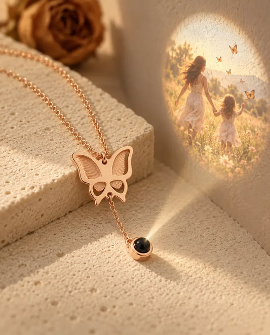 Personalised Butterfly Photo Projection Necklace - projecting the hidden photo onto a wall