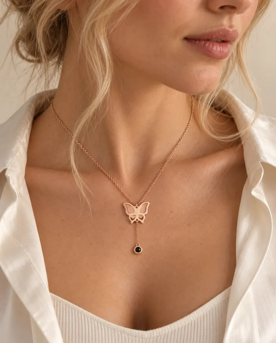Personalised Butterfly Photo Projection Necklace - worn on a model