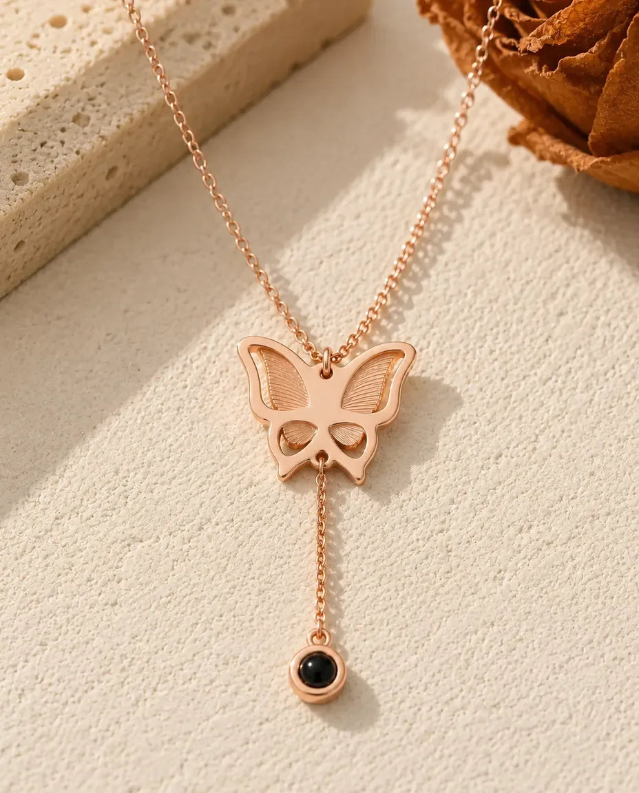 Personalised Butterfly Photo Projection Necklace - in rose gold finish