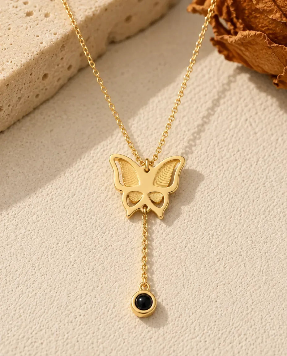 Personalised Butterfly Photo Projection Necklace - in gold finish