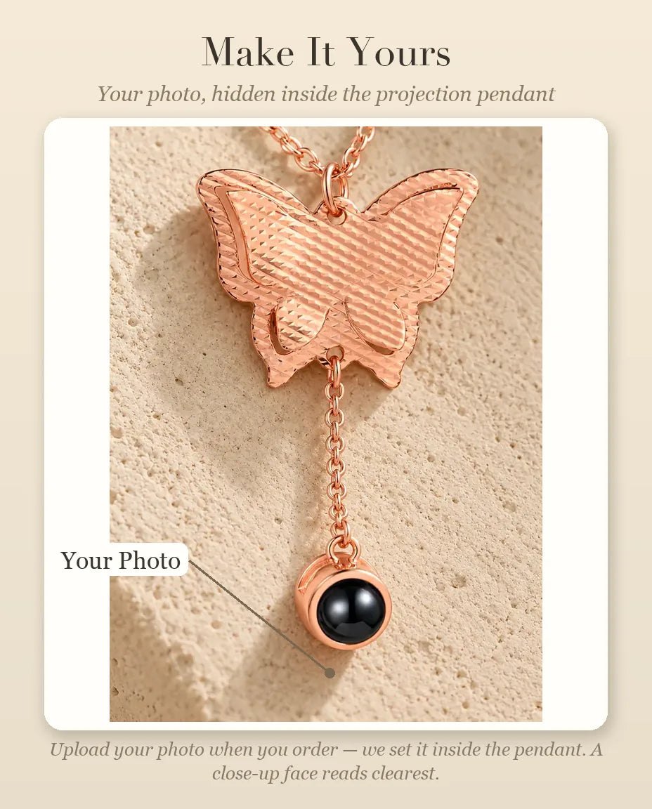 Personalised Butterfly Photo Projection Necklace - personalisation guide: photo upload