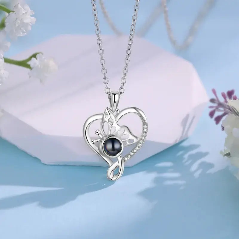 Projection Necklace with Picture Inside | Butterfly Heart Shaped Pendant Necklace