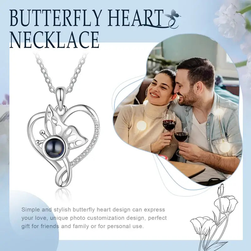 Projection Necklace with Picture Inside | Butterfly Heart Shaped Pendant Necklace