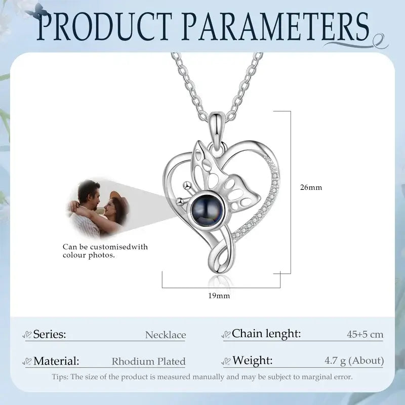 Projection Necklace with Picture Inside | Butterfly Heart Shaped Pendant Necklace