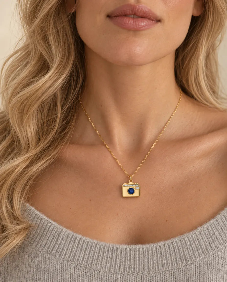 Personalised Camera Photo Locket Necklace That Holds 2 Pictures worn on a model
