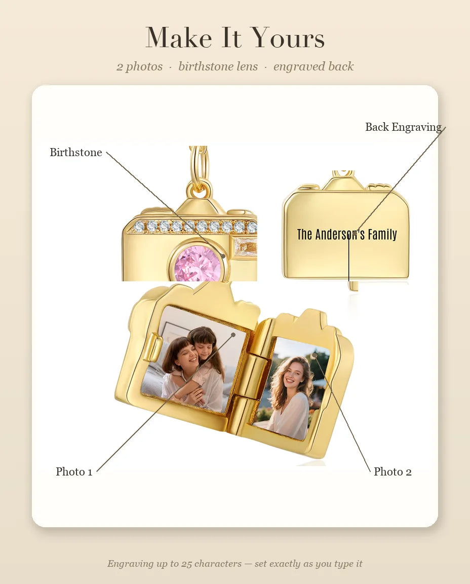 Personalisation guide showing the birthstone lens, Photo 1, Photo 2 and the back engraving