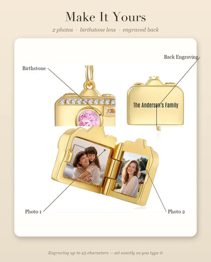 Personalisation guide showing the birthstone lens, Photo 1, Photo 2 and the back engraving