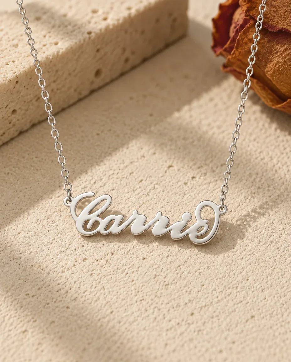Carrie Script Name Necklace - front view in silver