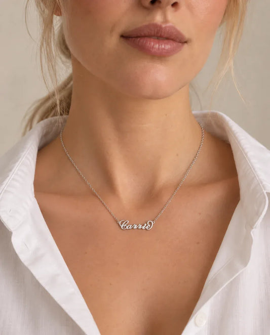 Carrie Script Name Necklace - worn on a model