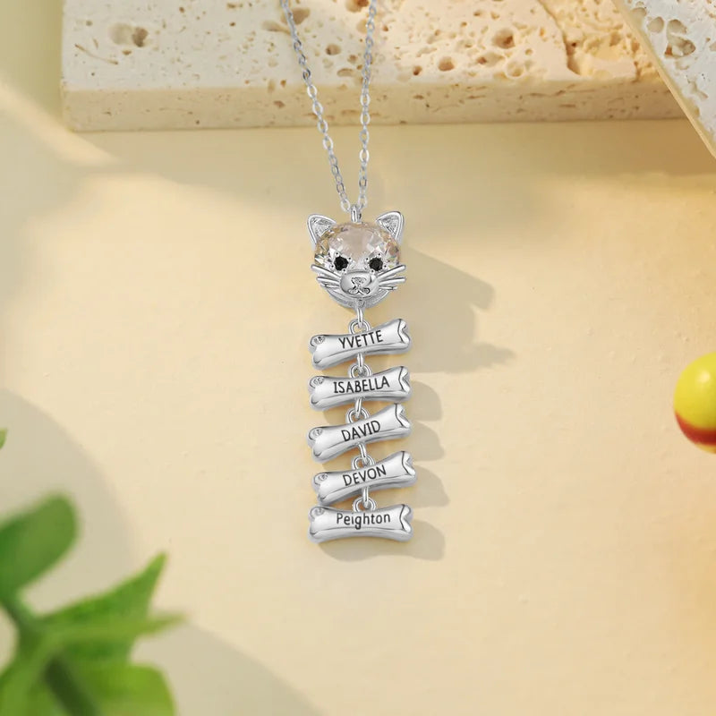 Mum Necklace with Children's Names | Cat and Bone Charms Birthstone Necklace for Mum