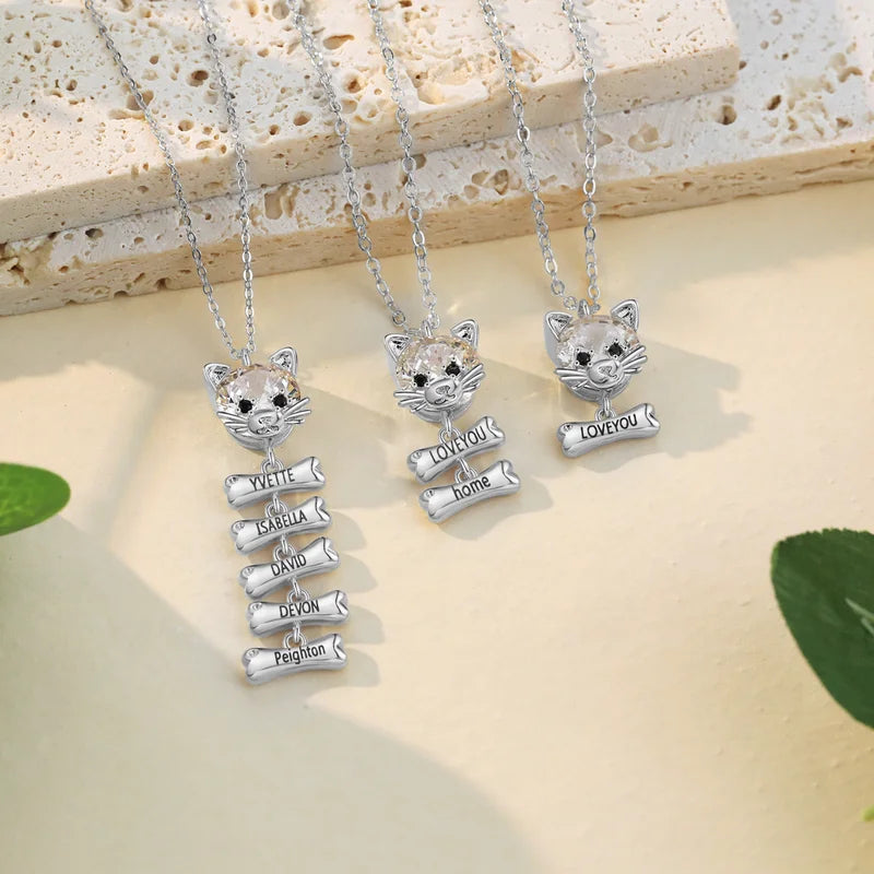 Mum Necklace with Children's Names | Cat and Bone Charms Birthstone Necklace for Mum