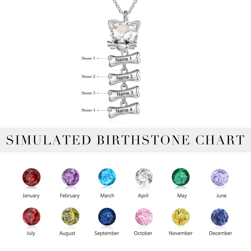 Mum Necklace with Children's Names | Cat and Bone Charms Birthstone Necklace for Mum