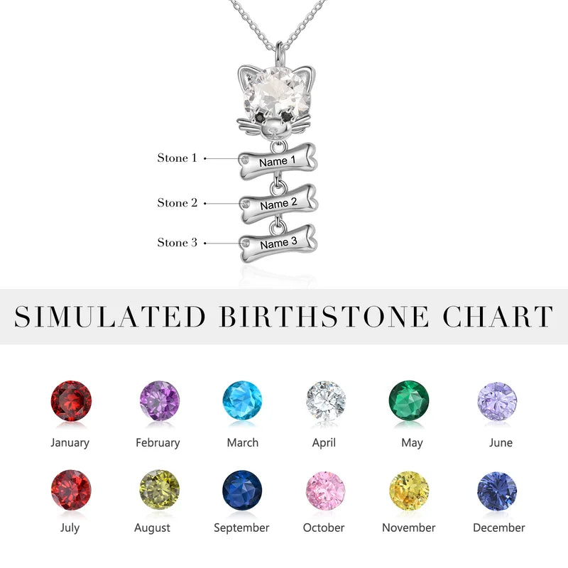 Mum Necklace with Children's Names | Cat and Bone Charms Birthstone Necklace for Mum